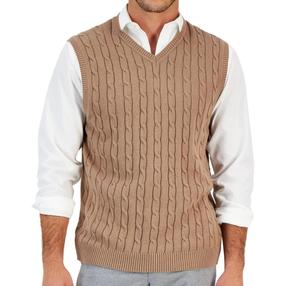 Trump Golf Men's XL Tan Cable Knit 100% Mercerized Cotton Sweater Vest